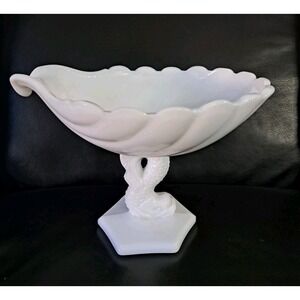 Westmoreland White Milk‎ Glass Shell Bowl with a Dolphin Fish Base Vintage